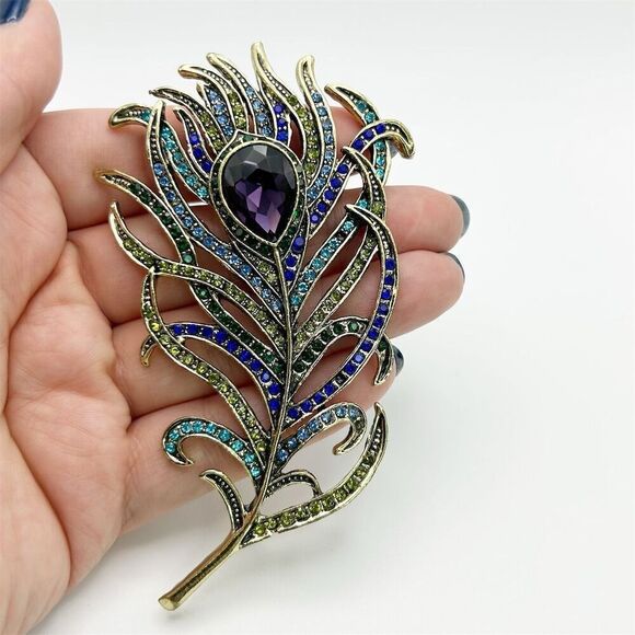 Vibrant Purple, Blue & Green Peacock Feather Rhinestone Large Statement Brooch - Picture 3 of 11